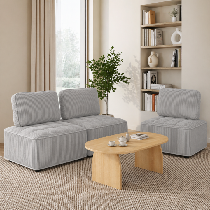 Module de canapé et fauteuil en velours côtelé gris clair