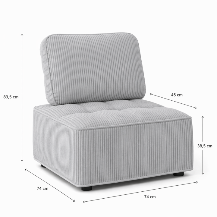 Module de canapé et fauteuil en velours côtelé gris clair