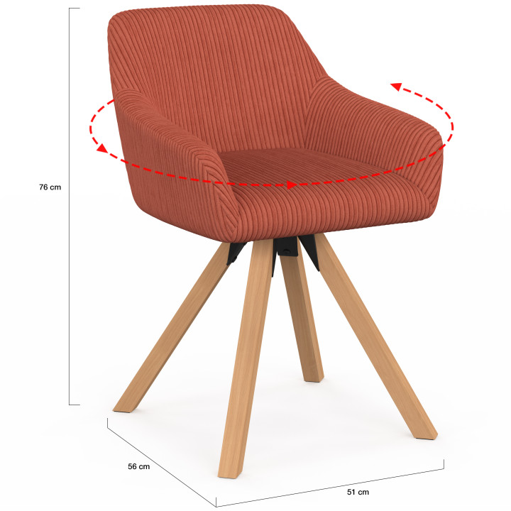 Set di 2 sedie girevoli a 360° da sala da pranzo, sedie da tavolo JANY in velluto a coste color terracotta