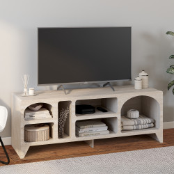 Organisch vormgegeven tv-meubel ALESIA van 140 cm met 6 vakken, hout met travertin-look