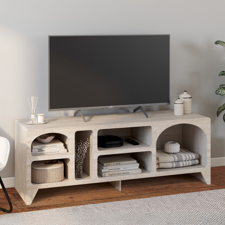 Meuble TV 140 cm ALESIA bois effet travertin 6 niches