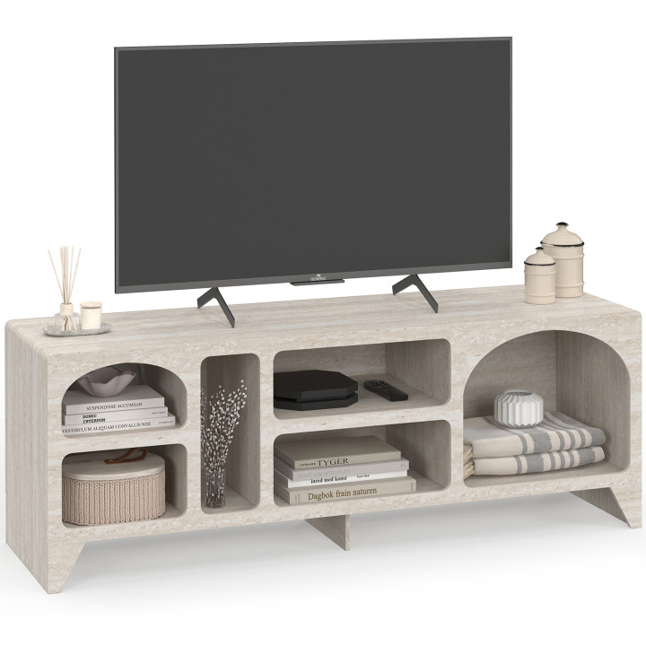 140 cm breiter TV-Schrank im organischen Design „ALESIA“ mit 6 Fächern aus Holz in Travertin-Optik