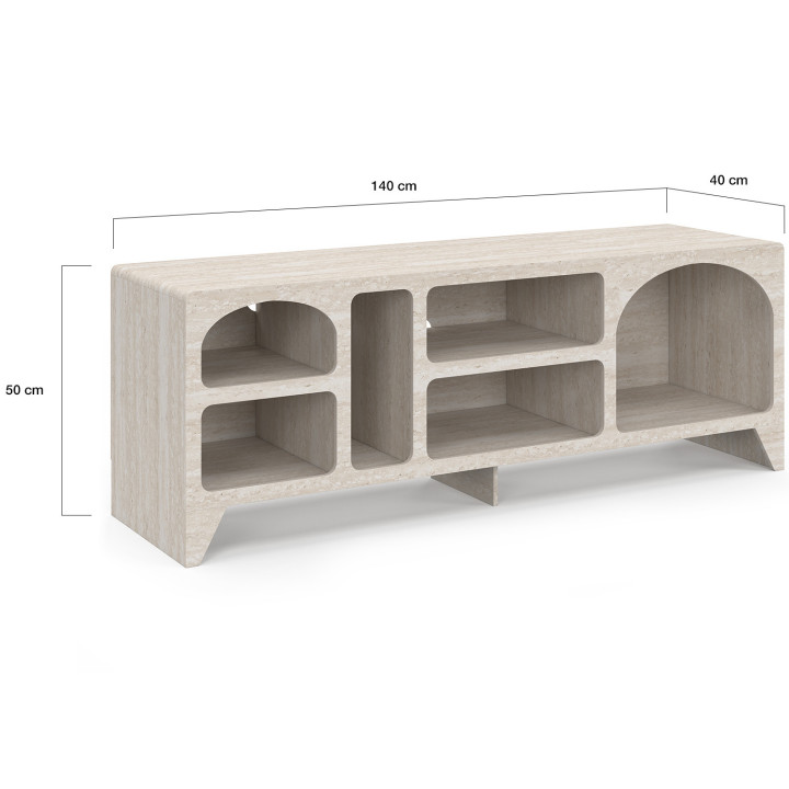Mueble para la tele de 140 cm, diseño orgánico ALESIA, con 6 compartimentos, de madera con efecto travertino