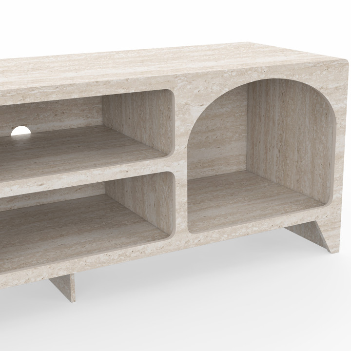 Mueble para la tele de 140 cm, diseño orgánico ALESIA, con 6 compartimentos, de madera con efecto travertino