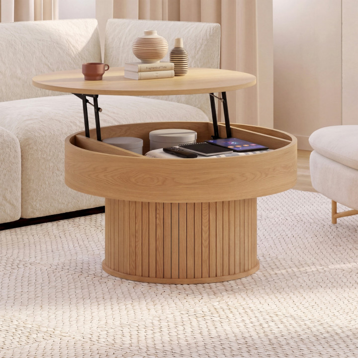 Tavolino rotondo alzabile JULIETTE 70 cm con doghe in legno color rovere
