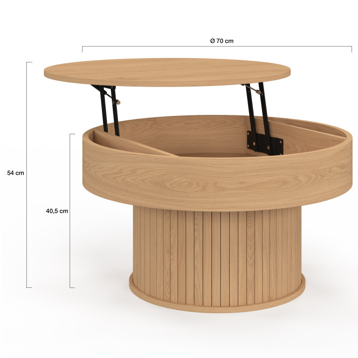 Tavolino rotondo alzabile JULIETTE 70 cm con doghe in legno color rovere