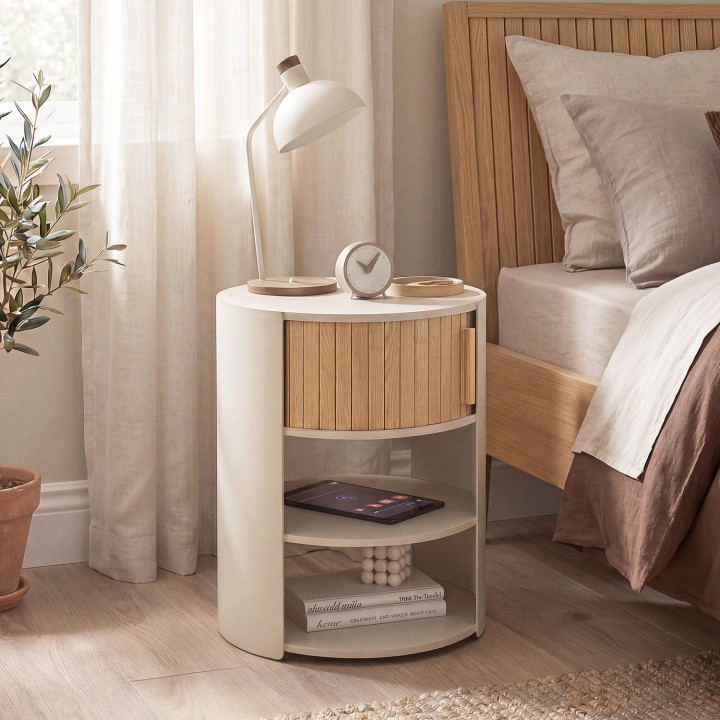 Set van 2 ronde TONO-nachtkastjes in beige, met meerdere lagen en 1 schuifdeur met lattenlook