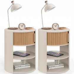 Lot de 2 table de chevet rondes TONO beige à étages avec 1 porte coulissante effet lattes table d'appoint