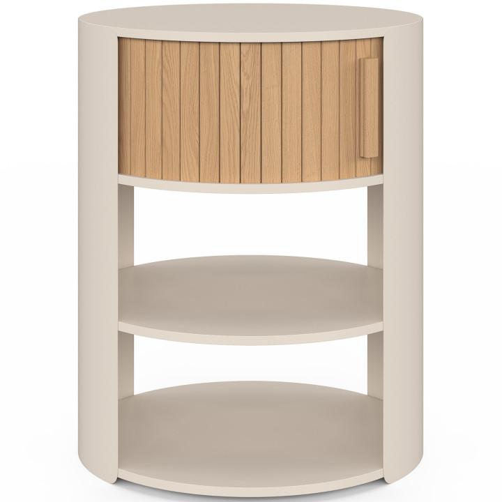 Lot de 2 tables de chevets rondes TONO 1 tiroir coulissant beige et lattes tables d'appoint à étages