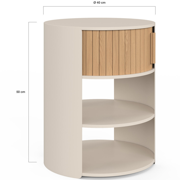 Lote de 2 mesitas de noche redondas TONO de color beige, con varios niveles y 1 puerta corredera con efecto de listones