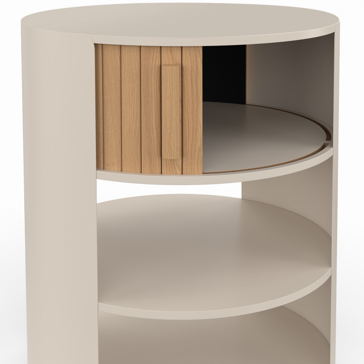 Lot de 2 table de chevet rondes TONO beige à étages avec 1 porte coulissante effet lattes table d'appoint