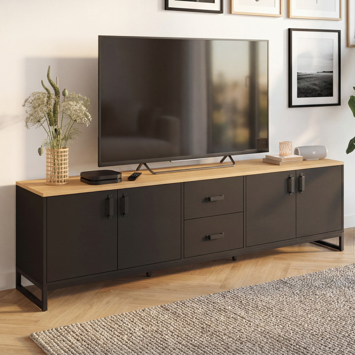 TV-meubel WASHINGTON 180 cm met 4 deuren en 2 zwarte en houten laden
