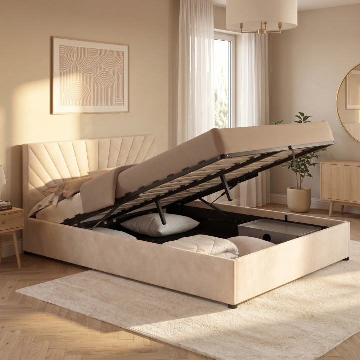 Letto matrimoniale a contenitore SUNLIGHT con testiera imbottita e rete da 140 x 190 cm in velluto beige