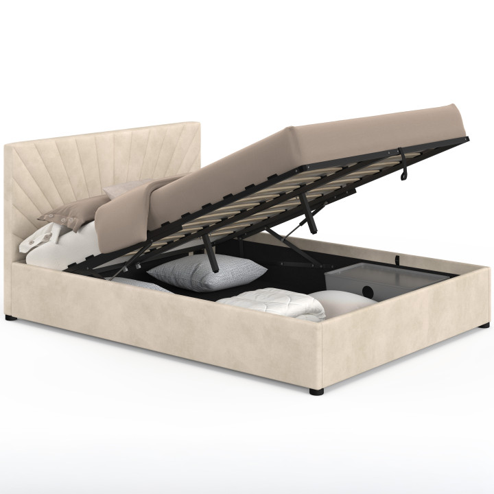 Letto matrimoniale a contenitore SUNLIGHT con testiera imbottita e rete da 140 x 190 cm in velluto beige
