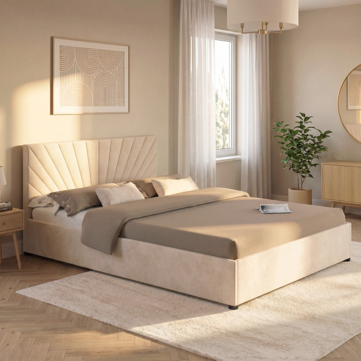 Lit coffre double SUNLIGHT avec tête de lit et sommier 140 x 190 cm velours beige