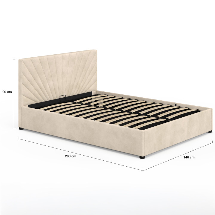 Letto matrimoniale a contenitore SUNLIGHT con testiera imbottita e rete da 140 x 190 cm in velluto beige