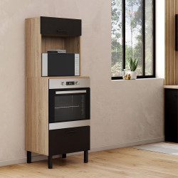 Küchensäulenschrank mit Mikrowelle und Backofen 60 cm CINA 2 Türen schwarz und Buchenholzoptik