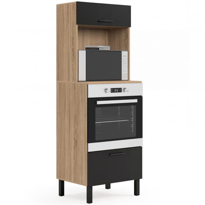 CINA 2-deurs zwarte en beuken-look 60 cm kolom keukenoven/magnetron kast