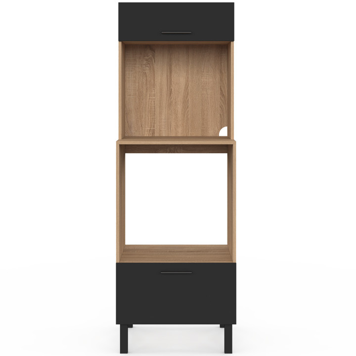 Armoire colonne de cuisine four/micro-ondes 60 cm CINA 2 portes noir et façon hêtre