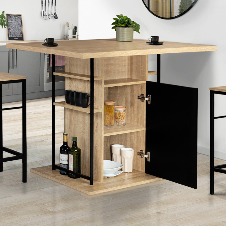 Ilot central UGO 110 cm bois noir et imitation hêtre avec rangements design industriel