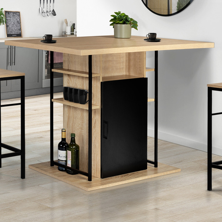 Ilot central UGO 110 cm bois noir et imitation hêtre avec rangements design industriel