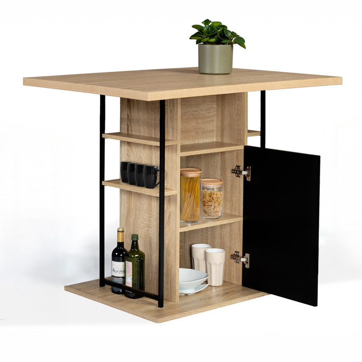Ilot central UGO 110 cm bois noir et imitation hêtre avec rangements design industriel