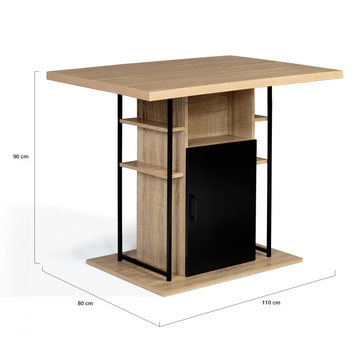 Ilot central UGO 110 cm bois noir et imitation hêtre avec rangements design industriel