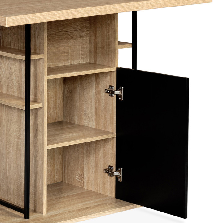 Ilot central UGO 110 cm bois noir et imitation hêtre avec rangements design industriel