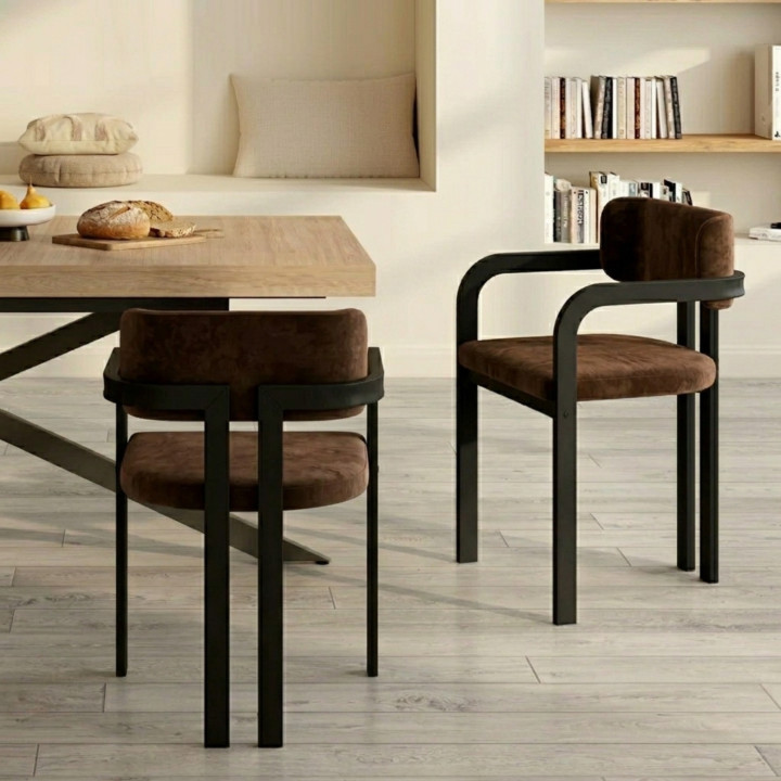 Set van 2 zwart metalen en bruin fluwelen eetkamerstoelen - ESMA | IdMarket