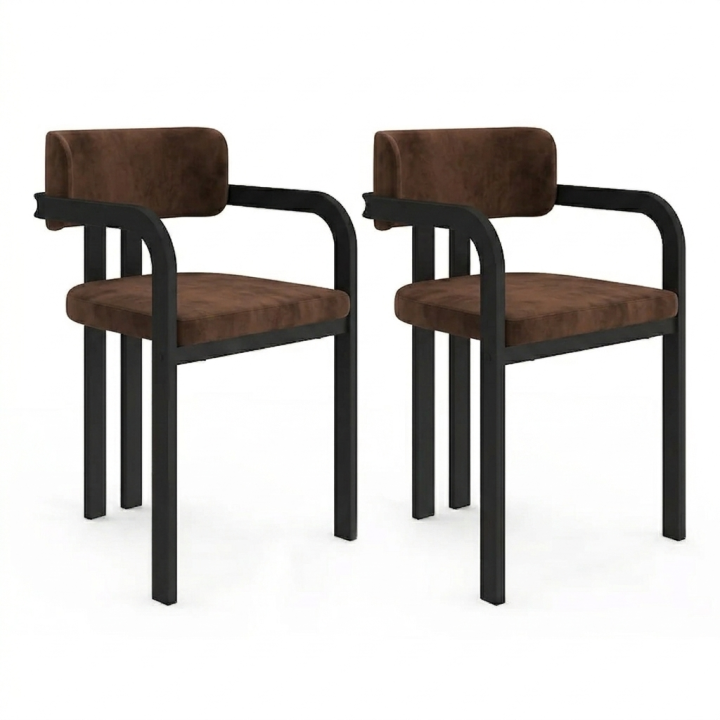 Lot de 2 chaises de salle à manger, fauteuils de table ESMA en métal noir et velours marron avec accoudoirs