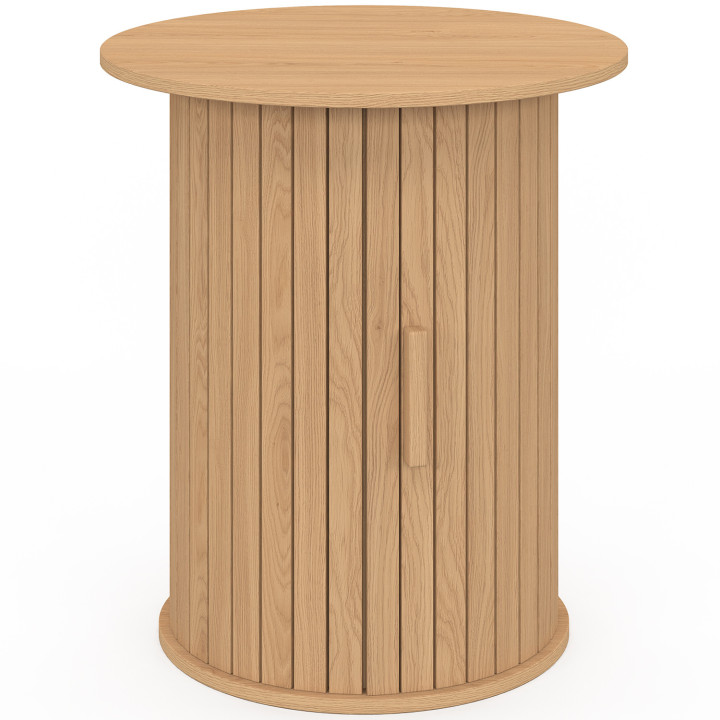 Table d'appoint ronde, bout de canapé JULIETTE 45 cm avec rangement intérieur lattes tasseau bois coloris chêne