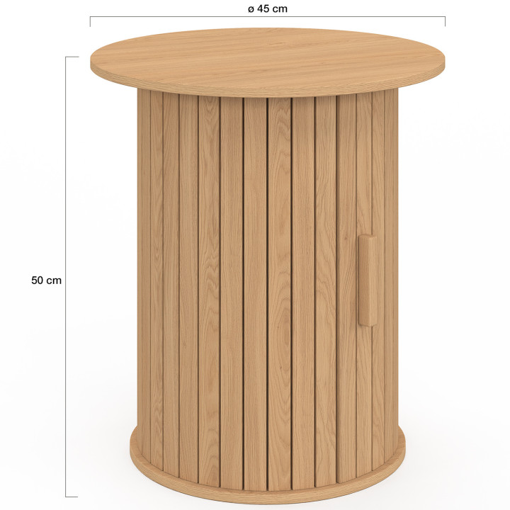 Table d'appoint ronde, bout de canapé JULIETTE 45 cm avec rangement intérieur lattes tasseau bois coloris chêne