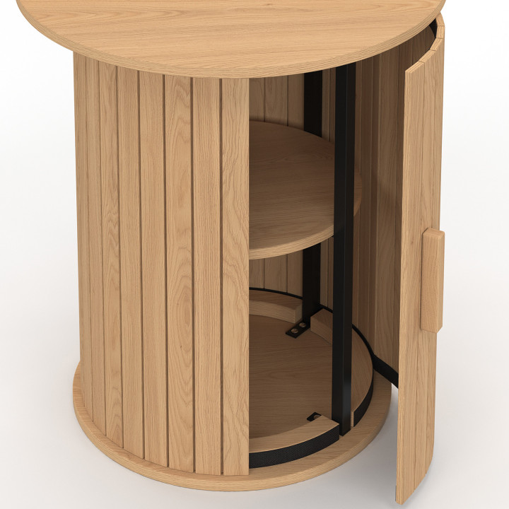Runder Beistelltisch, Sofatisch, Nachttisch JULIETTE 45 cm mit Stauraum im Inneren, aus Holzlatten in Eichenoptik