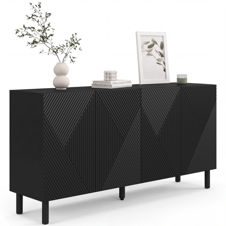 Aparador HIMARA 160 cm, 4 puertas, listones geométricos de madera negra