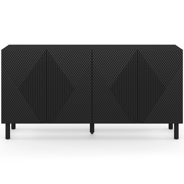 Aparador HIMARA 160 cm, 4 puertas, listones geométricos de madera negra
