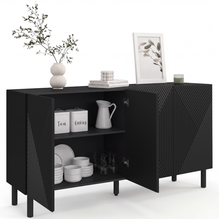 Aparador HIMARA 160 cm, 4 puertas, listones geométricos de madera negra