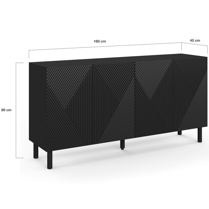 Buffet 160 cm HIMARA 4 portes lattes géométriques bois noir