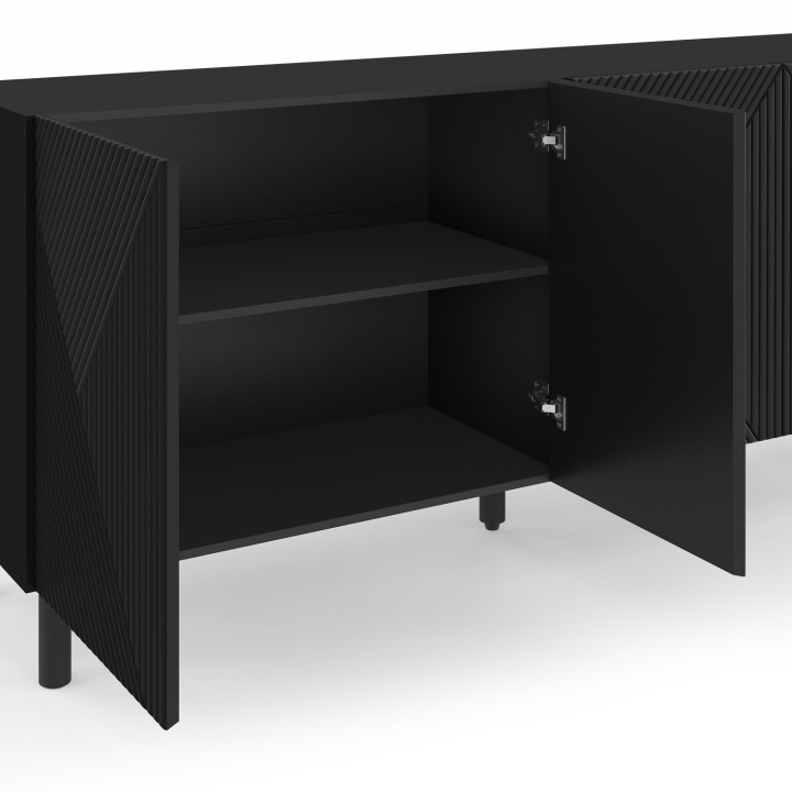 Credenza HIMARA 160 cm, 4 ante, doghe geometriche in legno nero