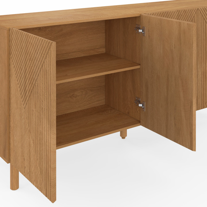Credenza HIMARA 160 cm, 4 ante, doghe geometriche in legno chiaro
