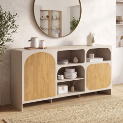 Credenza ATHENA da 160 cm con 2 ante e 4 nicchie, design organico, colore beige ed effetto legno