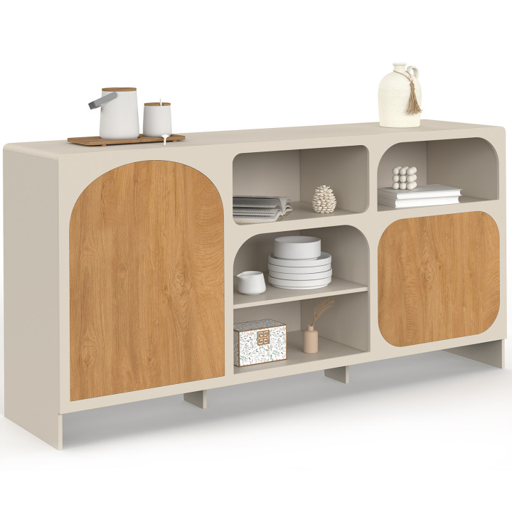 Aparador ATHENA de 160 cm, con 2 puertas y 4 nichos, diseño orgánico en color beige y efecto madera