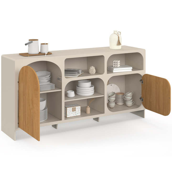 Credenza ATHENA da 160 cm con 2 ante e 4 nicchie, design organico, colore beige ed effetto legno