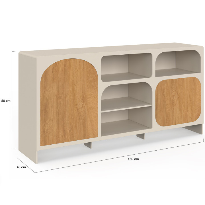 Credenza ATHENA da 160 cm con 2 ante e 4 nicchie, design organico, colore beige ed effetto legno
