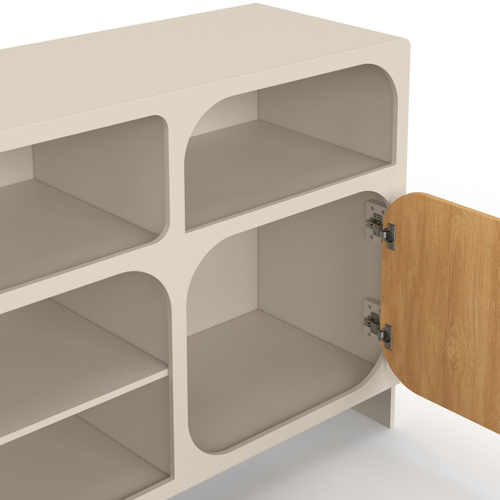 Servieskast 160 cm ATHENA met 2 deuren en 4 vakken, organisch ontwerp in beige en met houteffect