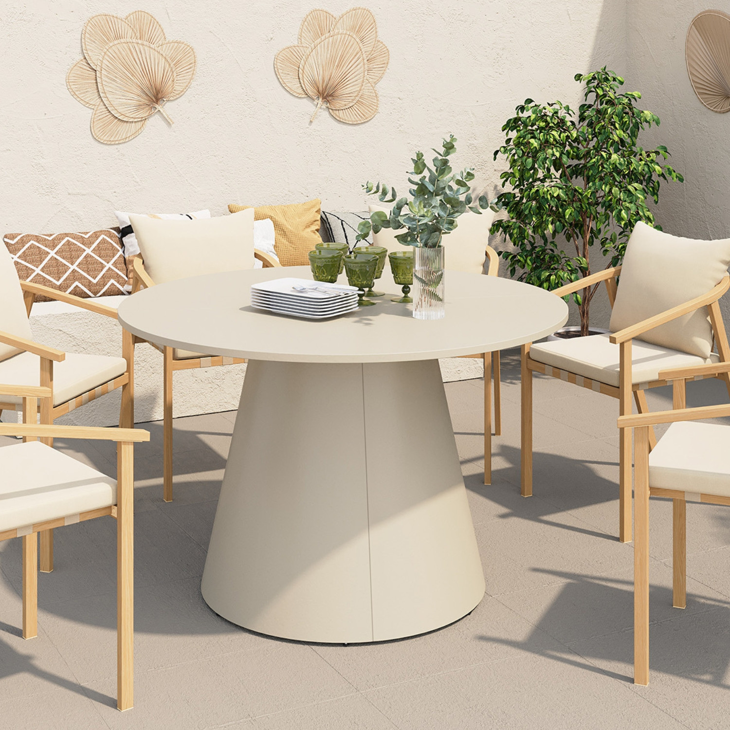 Table de jardin ronde AMELIA 120 CM 6 personnes avec pied central en métal beige