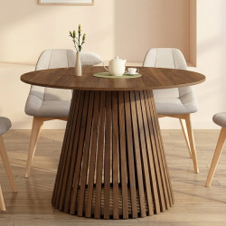 CARMEN Mesa de comedor redonda para 6 personas con patas de listones de nogal y tablero de nogal de 110 cm