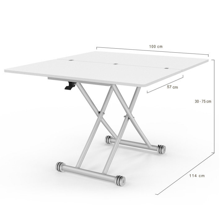 Table basse 2 en 1 relevable en table à manger rectangulaire URBANA 100 cm blanc pied chrome