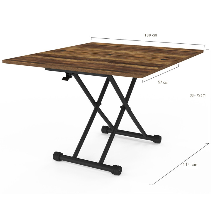 Industrieller aufklappbarer Couchtisch aus dunklem Holz mit Antik-Effekt und schwarz - URBANA | ID Market