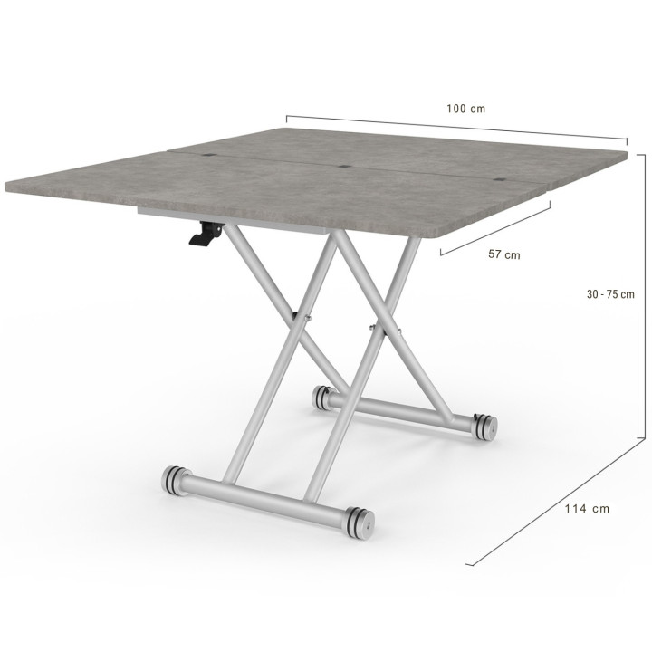 Table basse 2 en 1 relevable en table à manger rectangulaire URBANA 100 cm effet béton pied gris