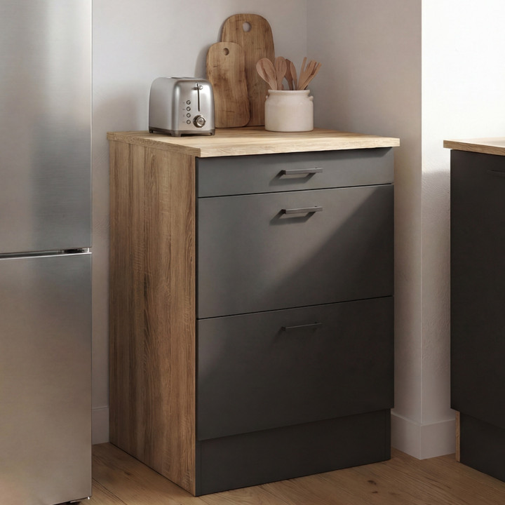 Küchenunterschrank 60 cm SUBTIL Beistellschrank Frontauszug 3 Schubladen Holz und schwarz